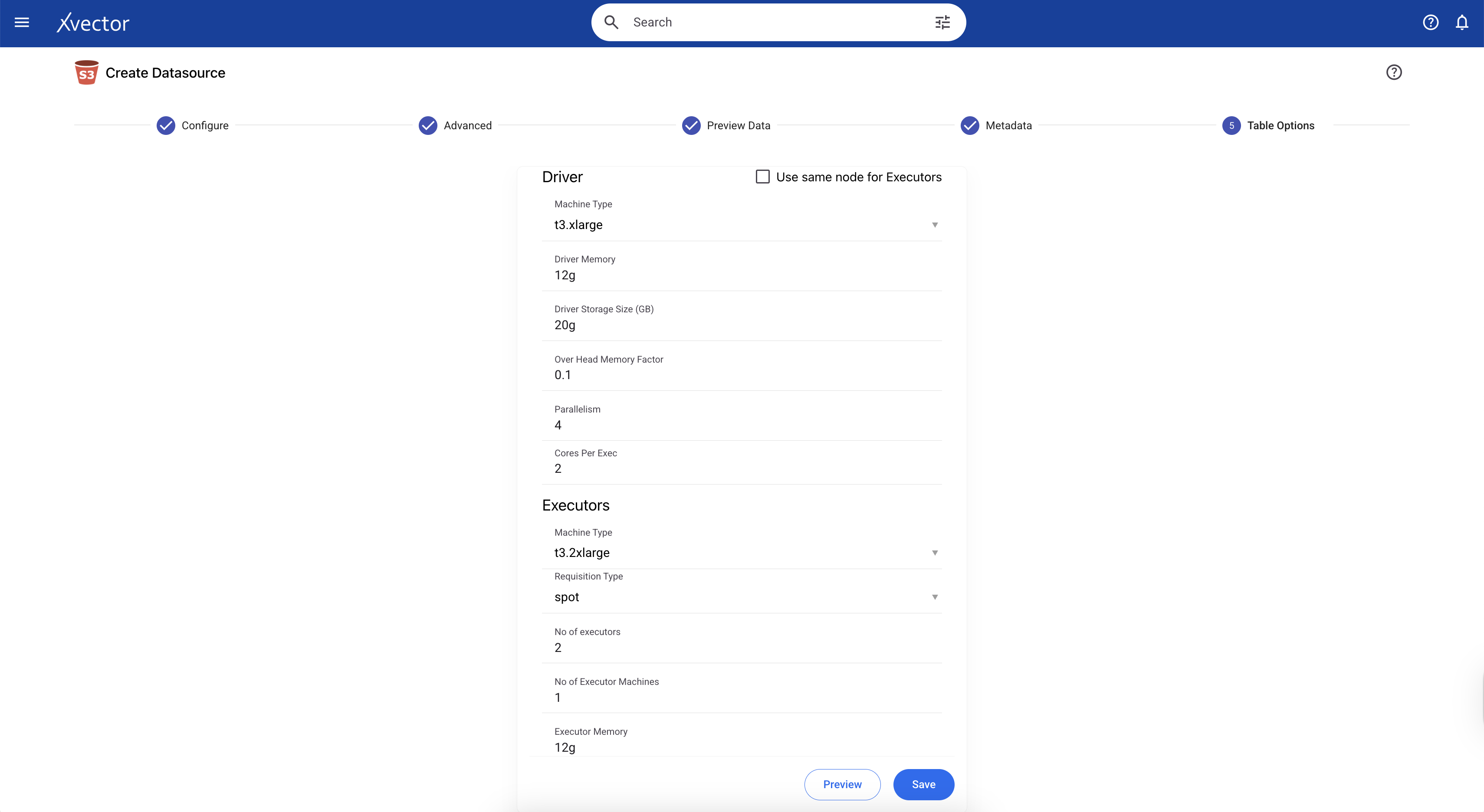 Table options in Gzip connector