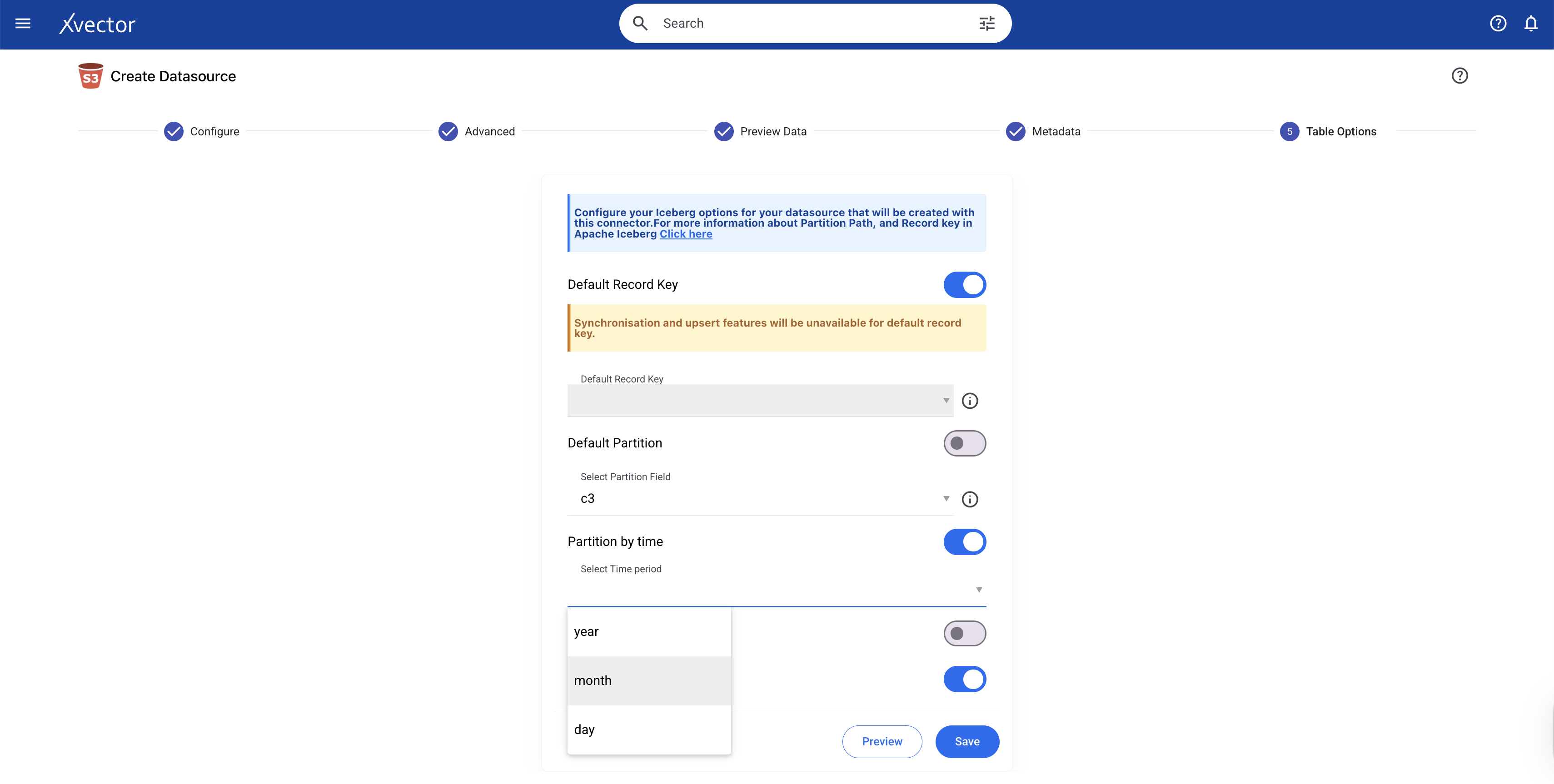 Partition options in the connector in the table options tab